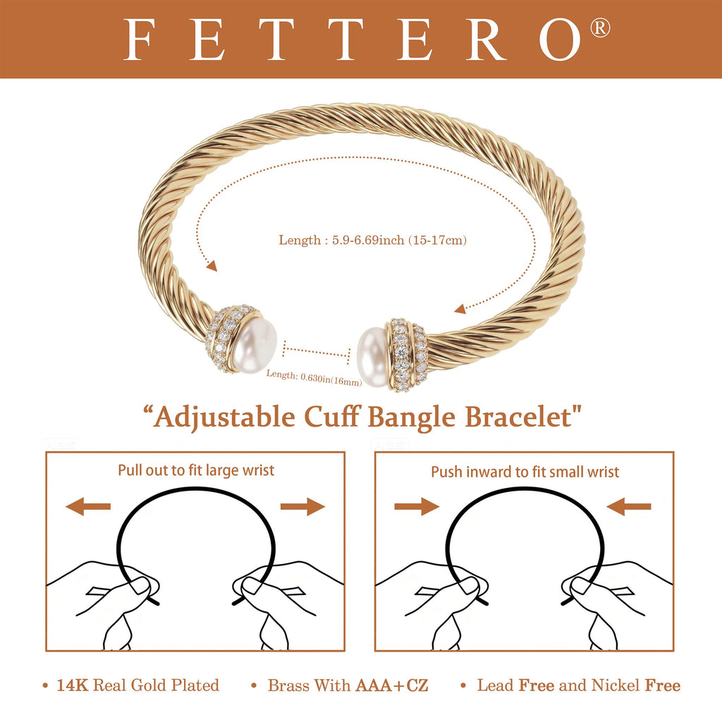 Fettero Gold Cuff Bangle Bracelets for Women - 14K Gold Plated Adjustable Open Cuff Friendship Bracelets Elegant Twisted Cable Bangle Bracelet Lightweight Pearl Bracelet for Dainty Jewelry