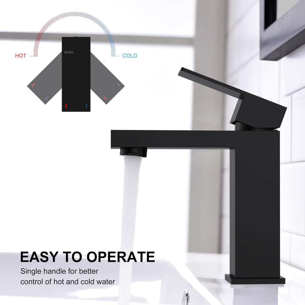 KENES Matte Black Single Handle Bathroom Sink Faucet, Stainless Steel Vanity Faucet for Bathroom Sink, with Pop Up Drain Stopper & Water Supply Hoses LJ-9031-2