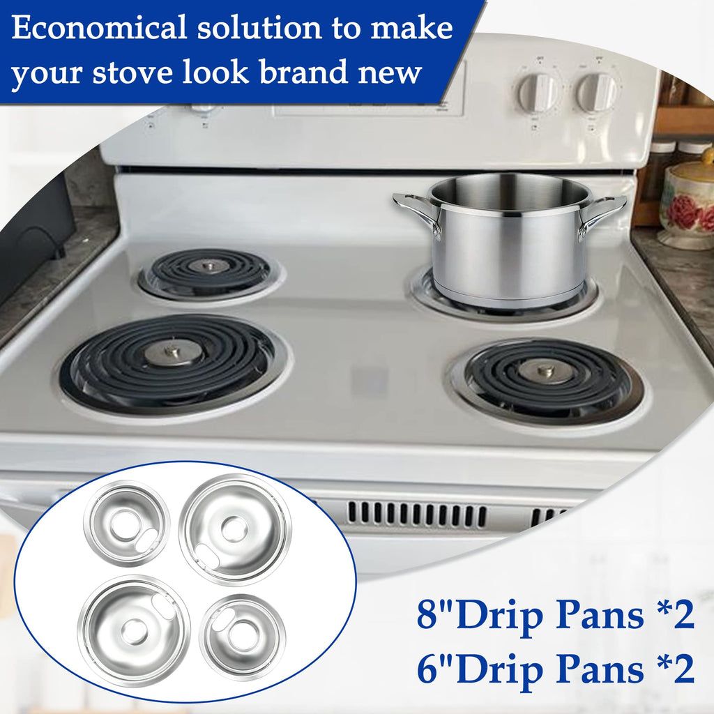Mejiao 4 Pack (2) 6" & (2) 8" Electric Stove Burner Covers, Replacement Chrome Drip Pans for Whirlpool W10278125 W10196405 W10196406