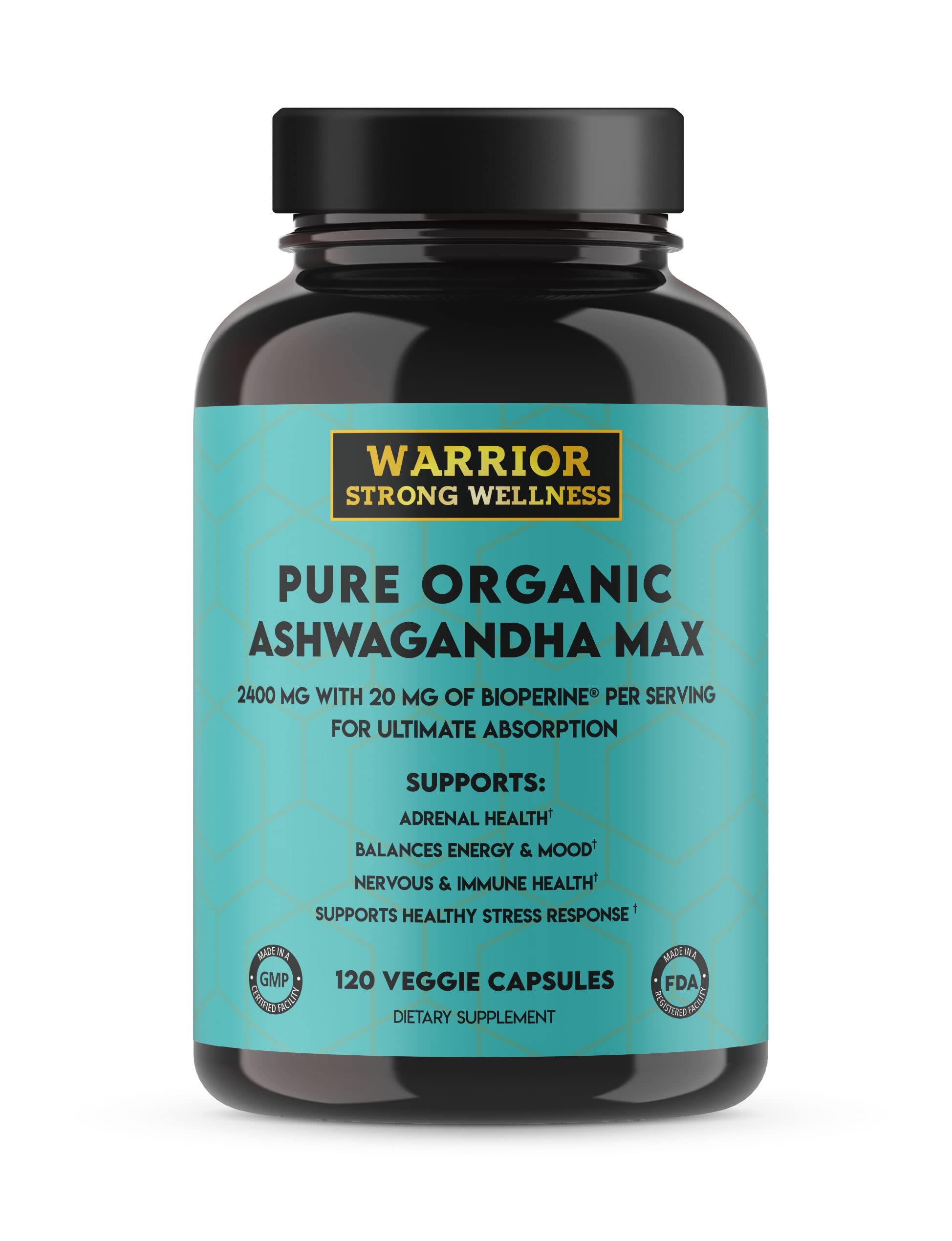 Warrior Strong Wellness Pure Organic Ashwagandha Capsules with Bioperine - 2400 mg - 120 Capsules - Healthy Stress Response and Mood Boost, Immune Health, Better Sleep