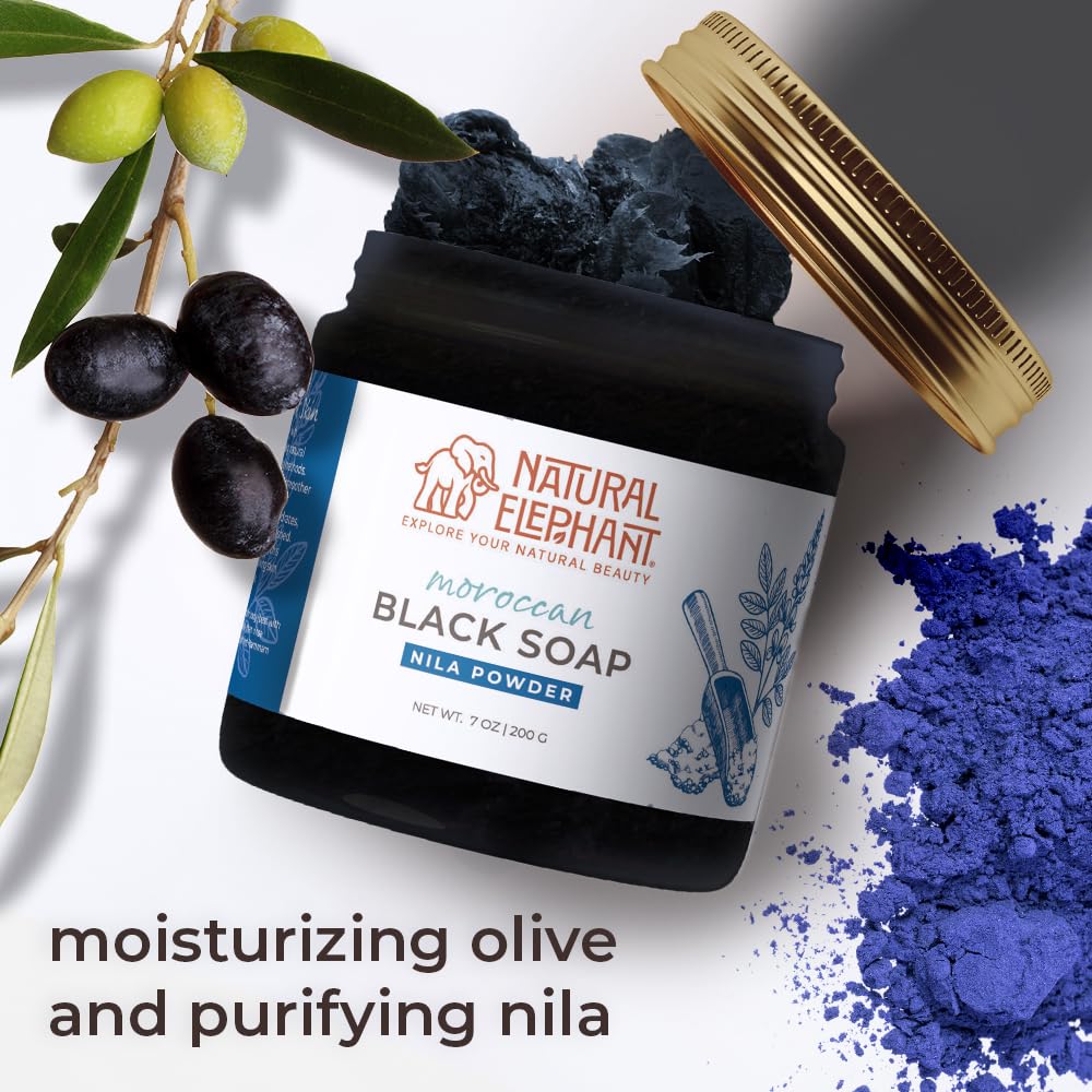 Natural Elephant Moroccan Black Soap | 7oz | Nila Indigo | Traditional Hammam Beldi Soap, 100% Natural Ingredients, Ideal for Exfoliating and Even Skin Appearance