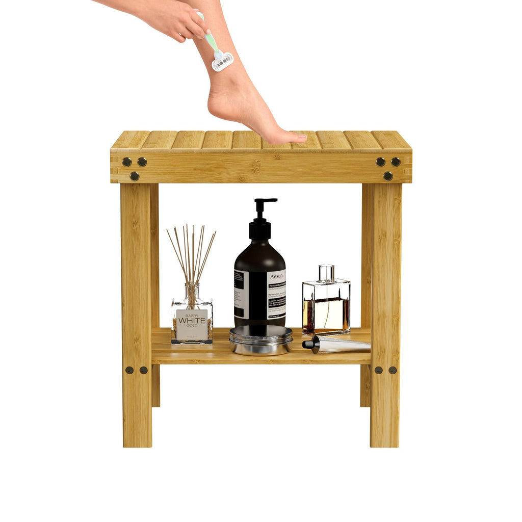 Bamboo Shower Bench, Shower Chair with Non-Slip Feet Storage Shelf Safe and Stable, Kids Adults Wooden Stool for Bathroom, Bedside, Living Room, Spa