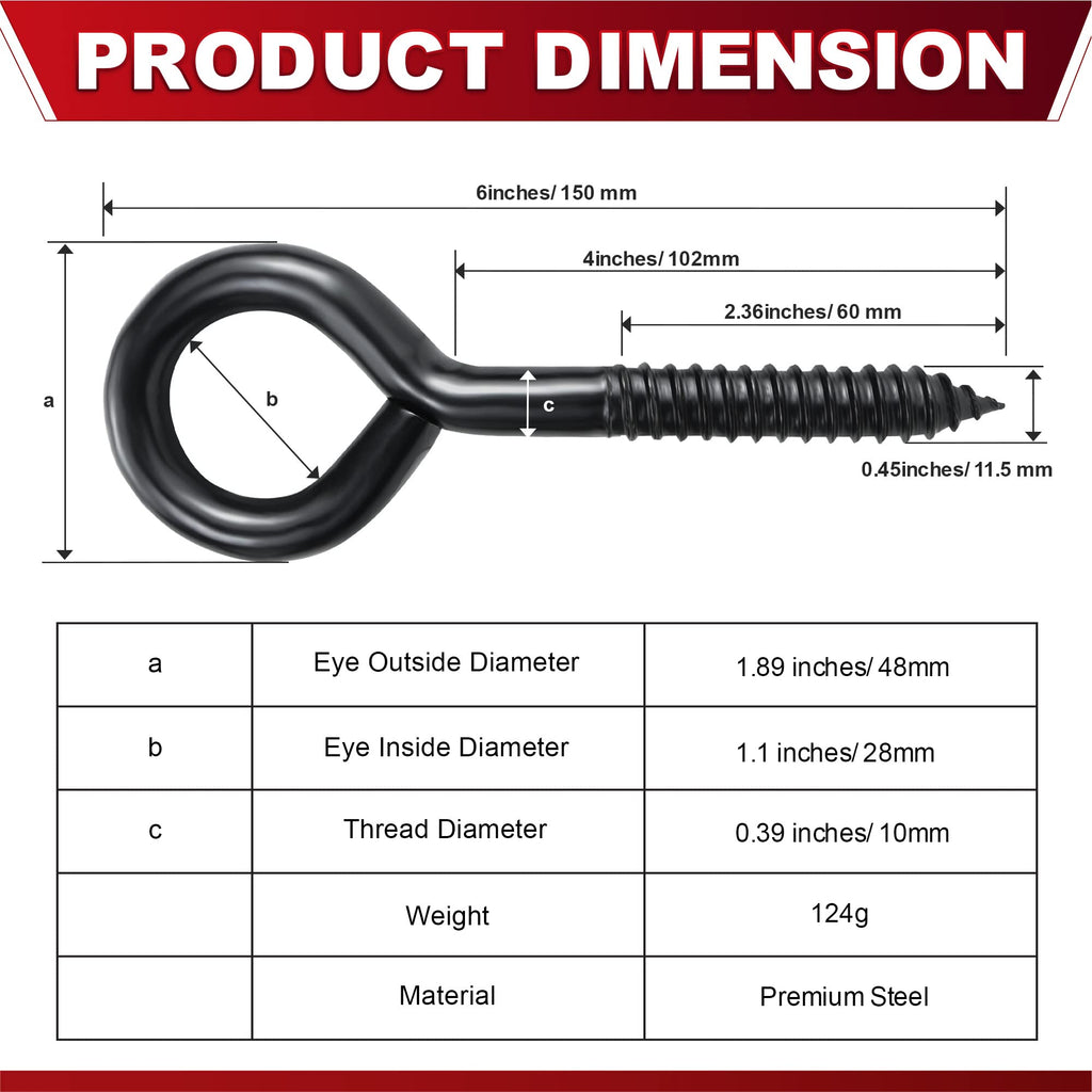 PAMAZY 6 Inch Heavy Duty Black Screw Eyes Hooks, 700LBS Breaking Strength, 4PCS Self Tapping Eyelet Screw Eye Bolts, Screw in Eye Hooks for Wood Securing Cables Wire, Heavy Indoor & Outdoor Uses