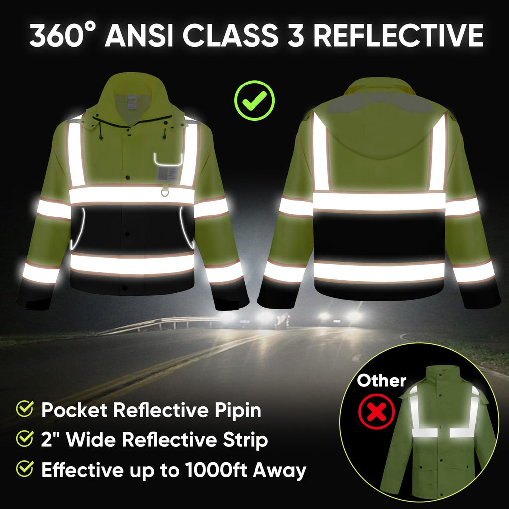 TICONN Reflective Rain Jacket Safety Jacket, Waterproof Hi Vis Rain Coat, Class III High Visibility Coat (Yellow&Black, L)