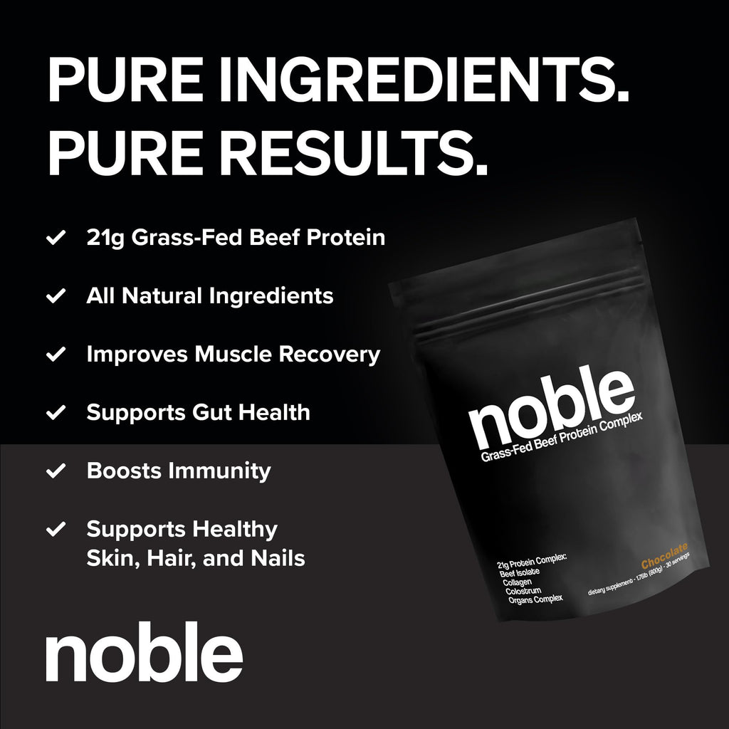 Noble All-in-One Chocolate Protein Powder, 21g Grass-Fed Beef Protein & Collagen, Colostrum & Organ Blend, Whey-Free, Seed Oil-Free, Zero-Carb, 30 Servings (1.75lbs)
