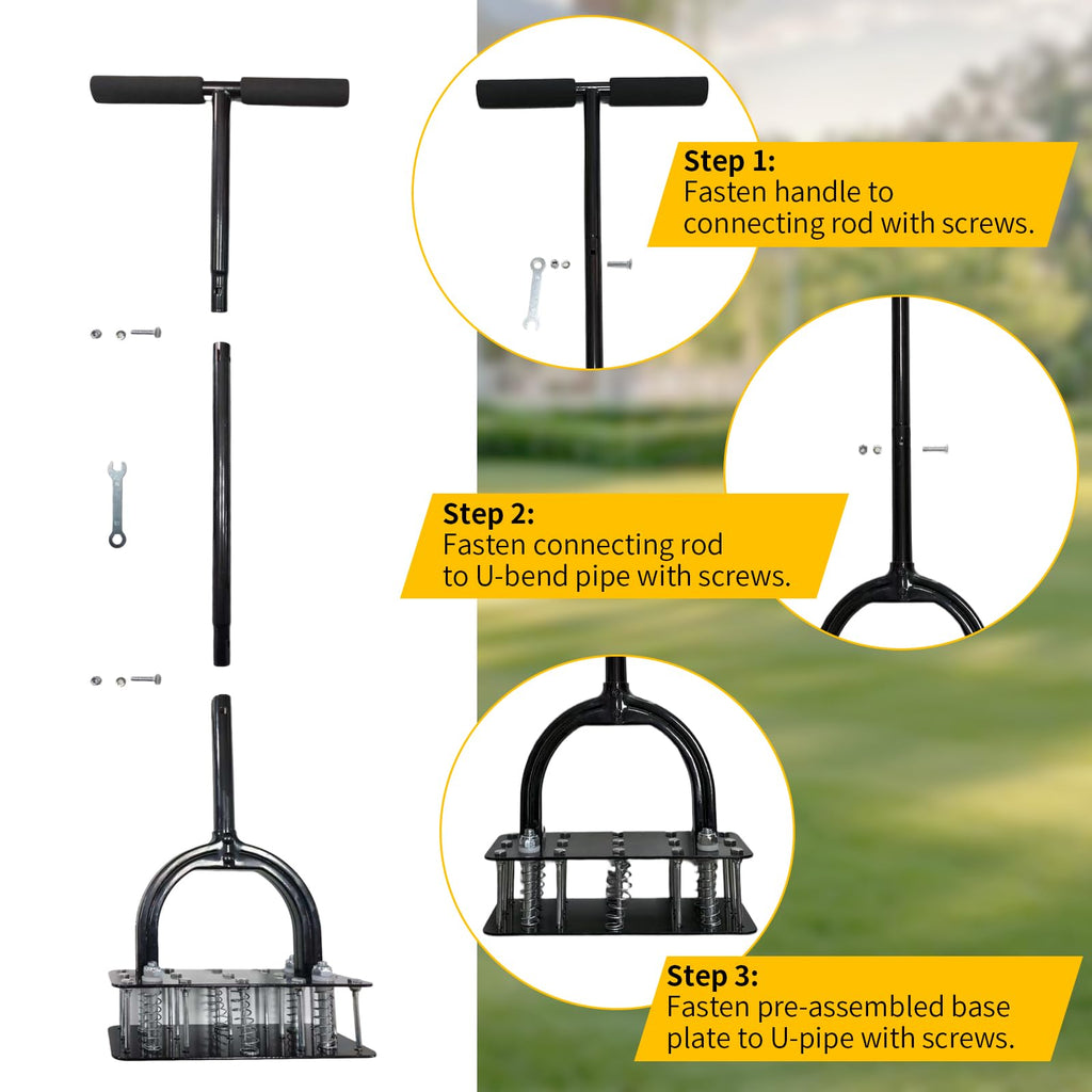 Uojim Lawn Aerator, 15x3 Solid Steel Tines for Efficient Aeration, Dual-Spring Auto-Clean to Prevent Clogging, 38" Ergonomic T-Handle & Wide Foot Pedal Used for Courtyard,Garden,Patio