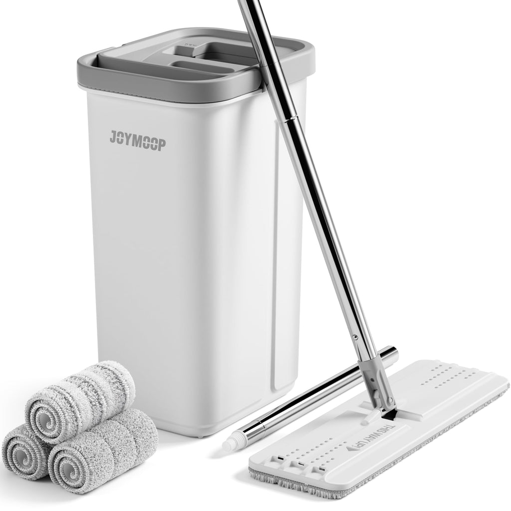 JOYMOOP Flat Mop System with Wringer Bucket, White, Microfiber Floor Cleaning Set for Wet and Dry Use, 60" Handle with 3 Reusable Pads