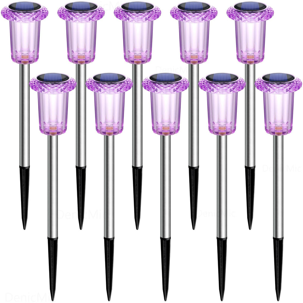 DenicMic Solar Lights Outdoor 10 Pack Waterproof Purple LED Stainless Steel Stake Outside Lights for Yard Pathway Garden Driveway Walkway Landscape Path Lighting Halloween Decorations Outdoor
