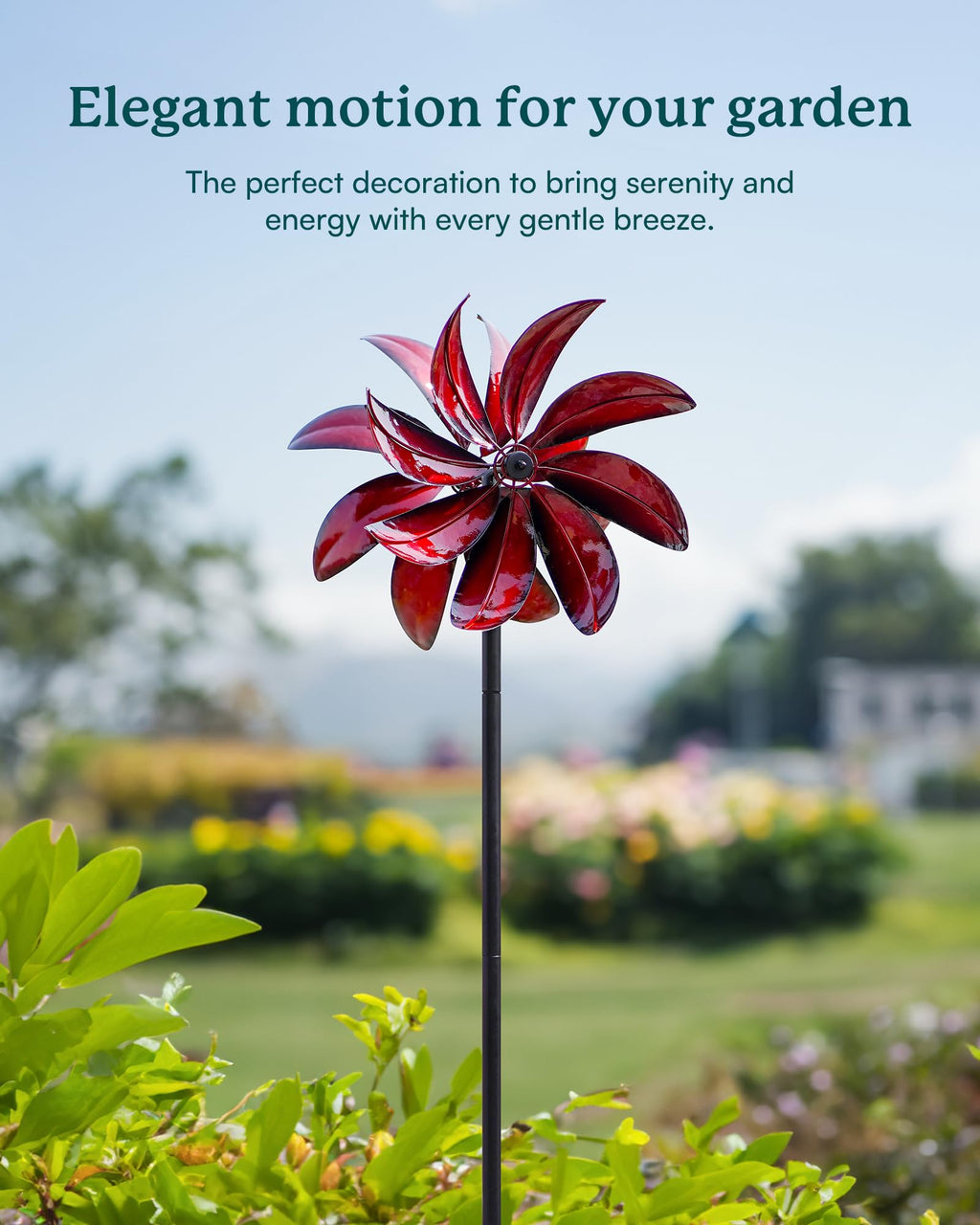Cyan Oasis Wind Spinners Outdoor - Red Metal Windmill with Stake for Yard and Garden, Kinetic Wind Sculptures & Spinners, Gift Decor Ideas for Garden Lovers (12" W x 70" H)