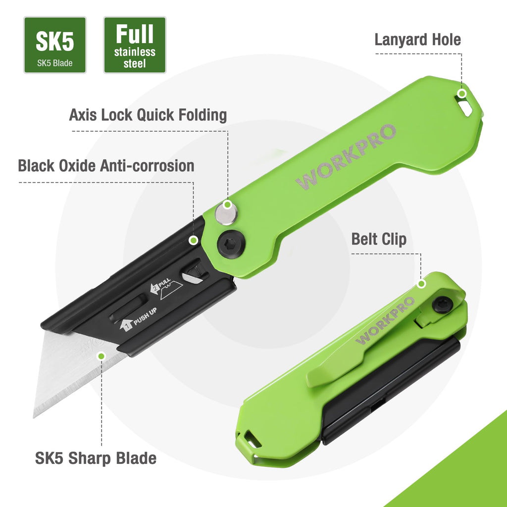 WORKPRO 3-Pack Folding Utility Knife, Razor Blade Knife with Safety Axis Lock, Quick Change Blade Box Cutter, EDC Pocket Knife with Belt Clip