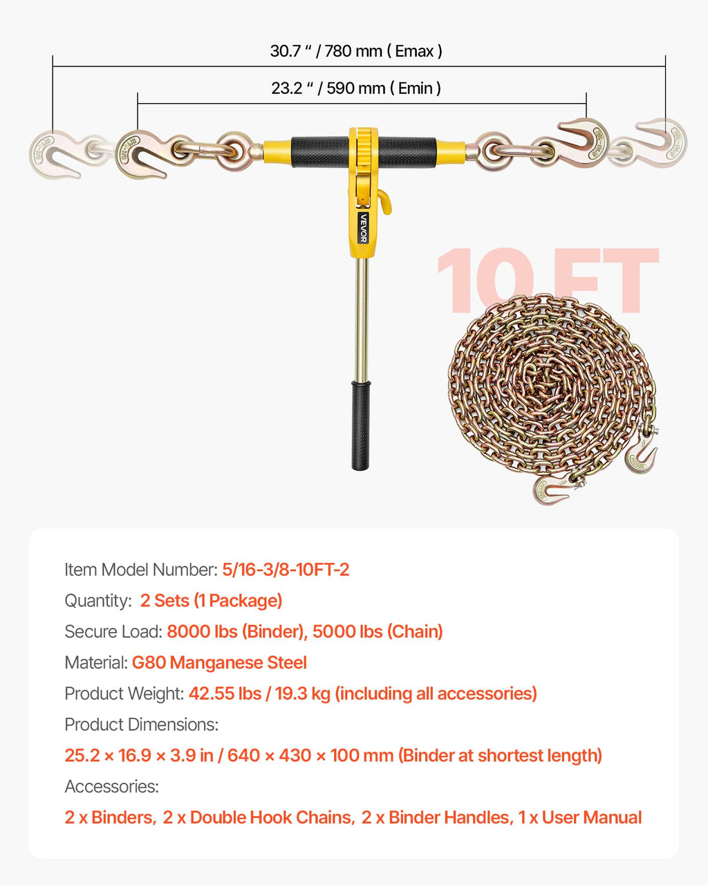 VEVOR Ratchet Chain Binder, 5/16 in x 10 ft G80 Chains, 8000 lbs Working Load of Ratchet Load Binder, Chains and Binders Set, Tie Down Hauling Chain Binders for Hauling, Towing, Logging, Lifting