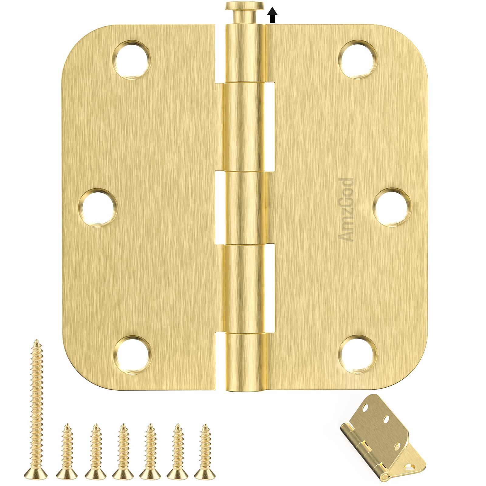AmzGod Satin Brass Door Hinges - 12 Pack Gold Door Hinges 3.5 Inch Rounded Interior Door Hinge with 5/8" Radius - 3 1/2 Inches Flat Iron Brass Hinges for Residential Standard Doors