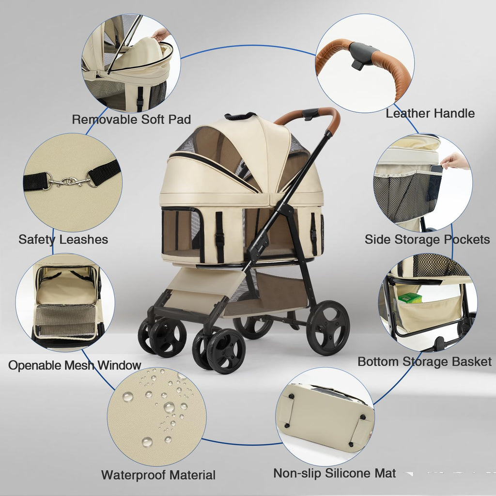4 Wheels Pet Stroller for Small/Medium Dogs and Cats,Dog Stroller with Detachable Carrier and Storage Basket,One Click Folding,Compact Portable,Up to 50lbs,3 in1 Multifunctional(Grey)