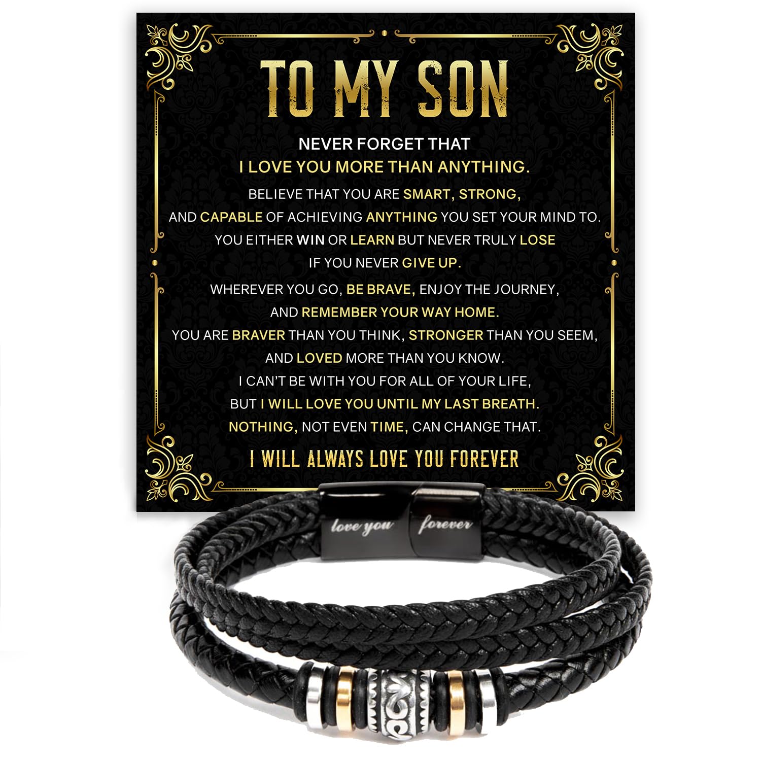 Mapileng To My Son Bracelet – Love You Forever Braided Leather Bracelet from Father and Mother, Meaningful Men’s Gift with Heartfelt Message & Elegant Box for Birthday, Graduation, Christmas