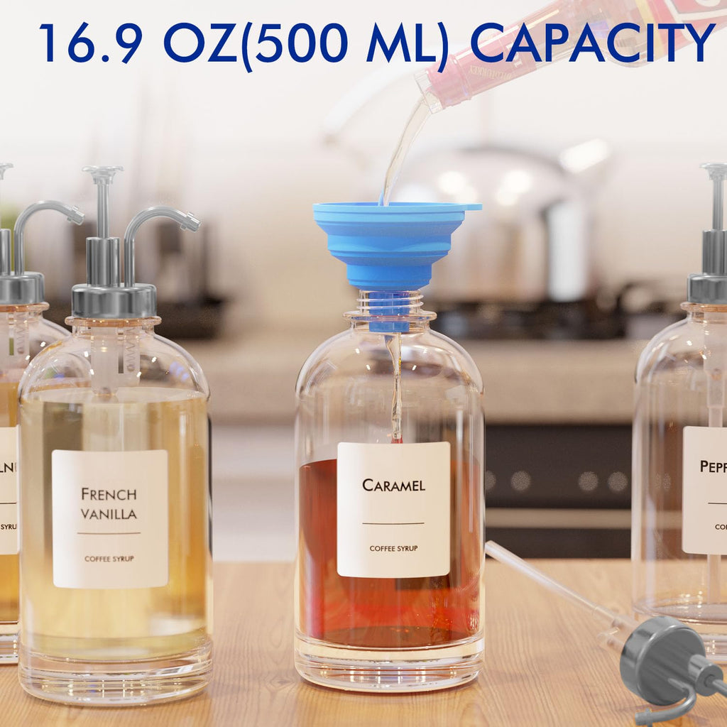 16.9 oz/500 ml Coffee Syrup Dispenser Set - 2 Glass Bottles with Silver Pumper and Syrup Labels - Precise Dispensing and Stylish Addition to Coffee Shop, Cafe or Home Bar