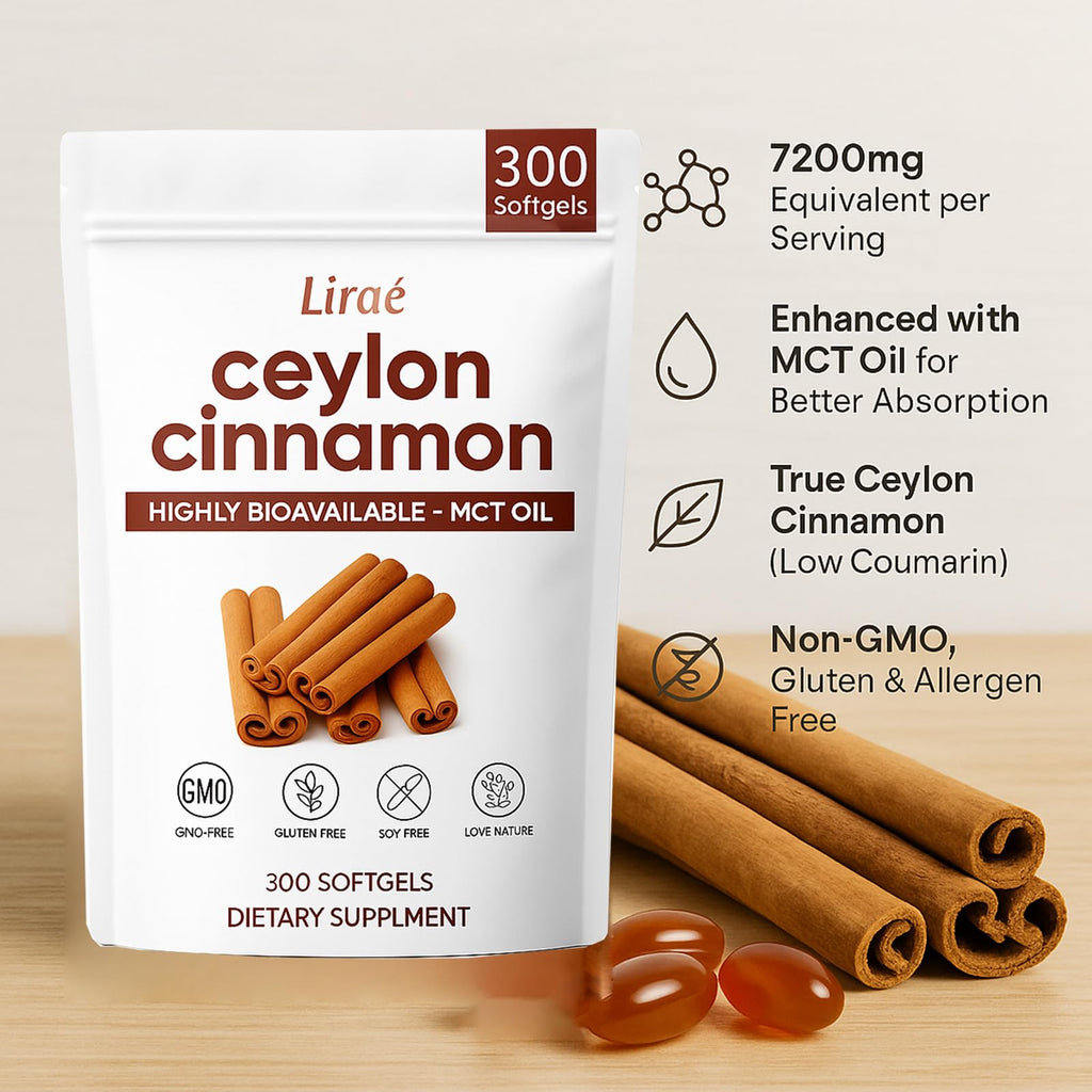 LIRAE Ceylon Cinnamon - 300 Softgels 7200mg Equivalent with MCT Oil – Highly Bioavailable Herbal Supplement Made with True Ceylon Cinnamon – Non-GMO, Gluten Free – Gentle Daily Support (1)