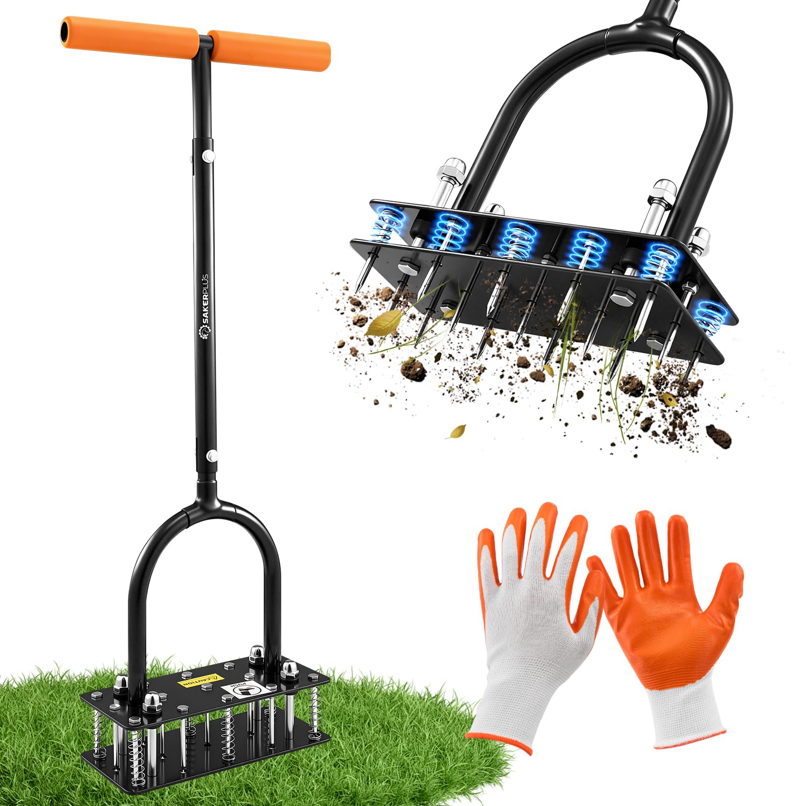 Sakerplus Aerator Lawn Tool, Hand Metal Spike Lawn Aerator with Rebounce Spring Base, Automatic Leaf and Dirt Cleaning, Grass Aerator for Lawn Care, Soil Loosening, Yard Aerating (Orange Handle)