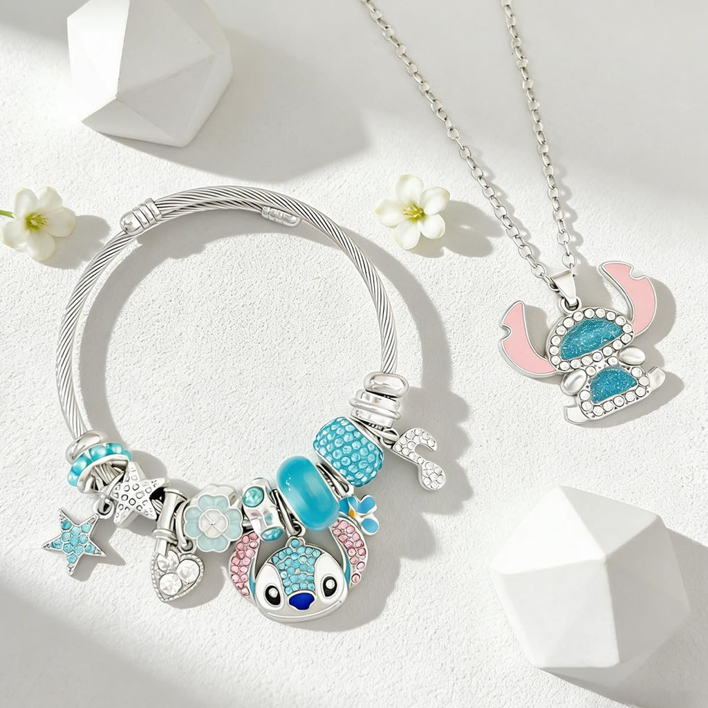 AmaaLeaf Cute Anime Cartoon Charm Bracelet, Adjustable Bangle and Necklace Jewelry Set Gifts for Women on Birthdays, Holidays (Set 1)