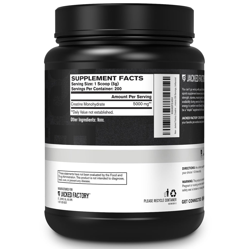Jacked Factory Creatine Monohydrate Powder 1000g - 5g Daily Creatine Supplement for Men and Women, Vegan-Friendly, Third-Party Tested - 200 Servings, Unflavored