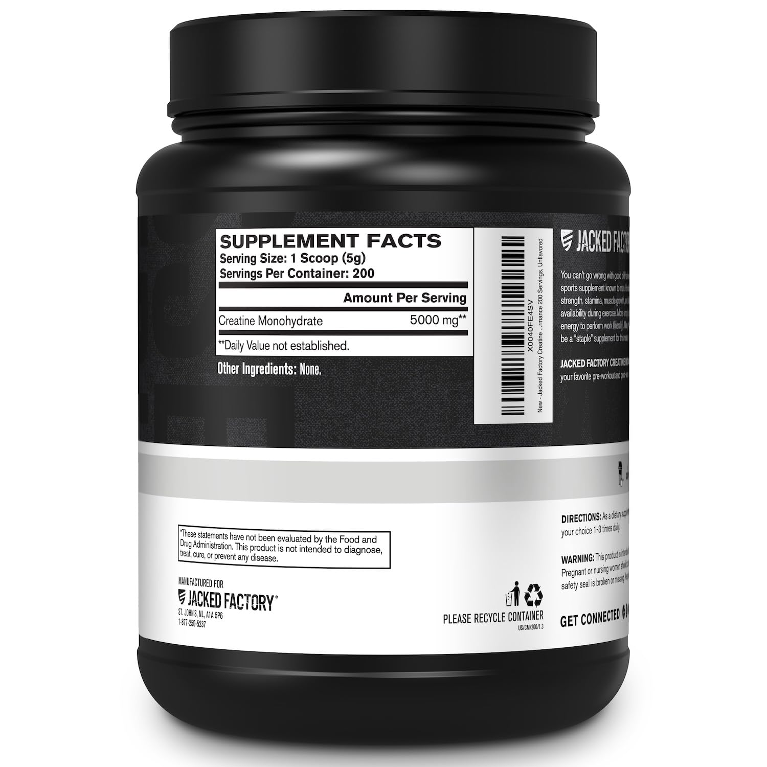 Jacked Factory Creatine Monohydrate Powder 1000g - 5g Daily Creatine Supplement for Men and Women, Vegan-Friendly, Third-Party Tested - 200 Servings, Unflavored