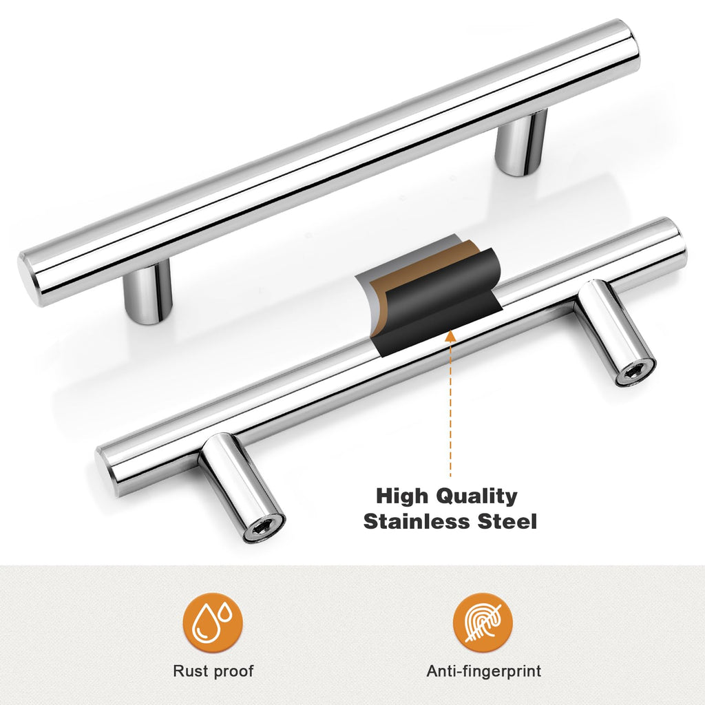 Probrico 5 Pack| Chrome Cabinet Pulls 4" Hole Centers, Polished Chrome Cabinet Hardware Stainless Steel Kitchen Cabinet Handles Dresser Pulls T Bar Style
