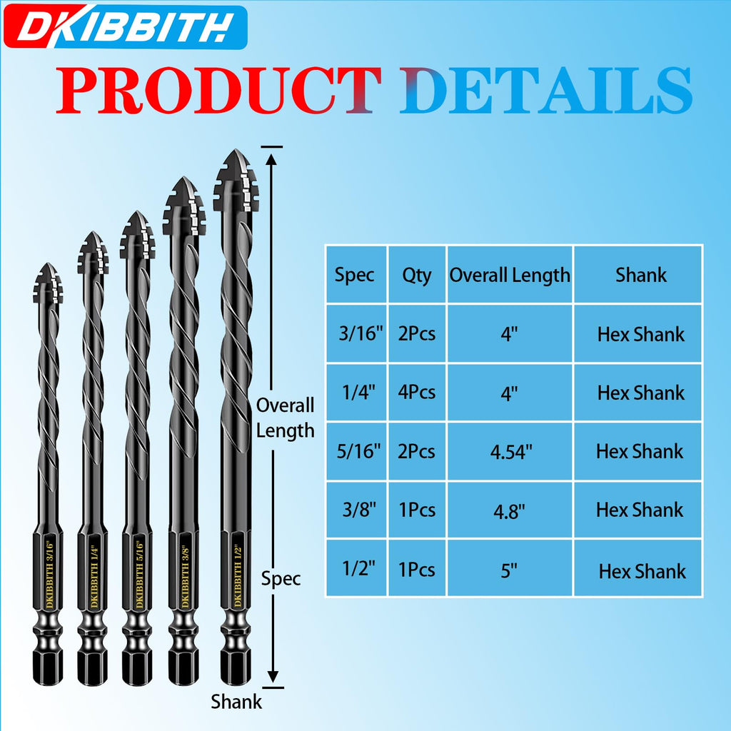 DKIBBITH 4-Flute Serrated Masonry Drill Bit Set (10-Piece, Black) - 3/16" to 1/2" for Concrete, Tile, Brick, Glass, Ceramic