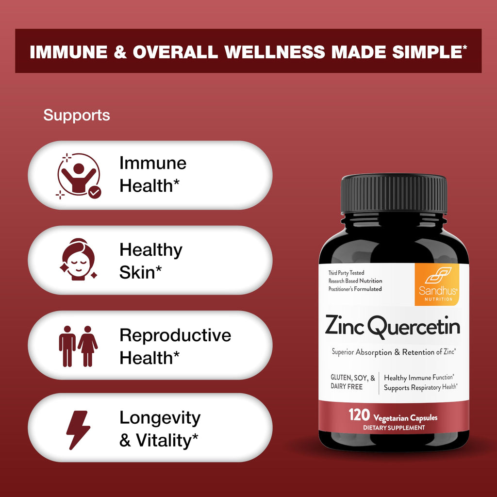 Sandhu's Zinc Quercetin 120 Vegetarian Capsules (Pack of 1) | High Absorption Zink Supplements for Immunity and Seasonal Allergy | Antioxidant Immune Support for Men and Women | Easy to Swallow
