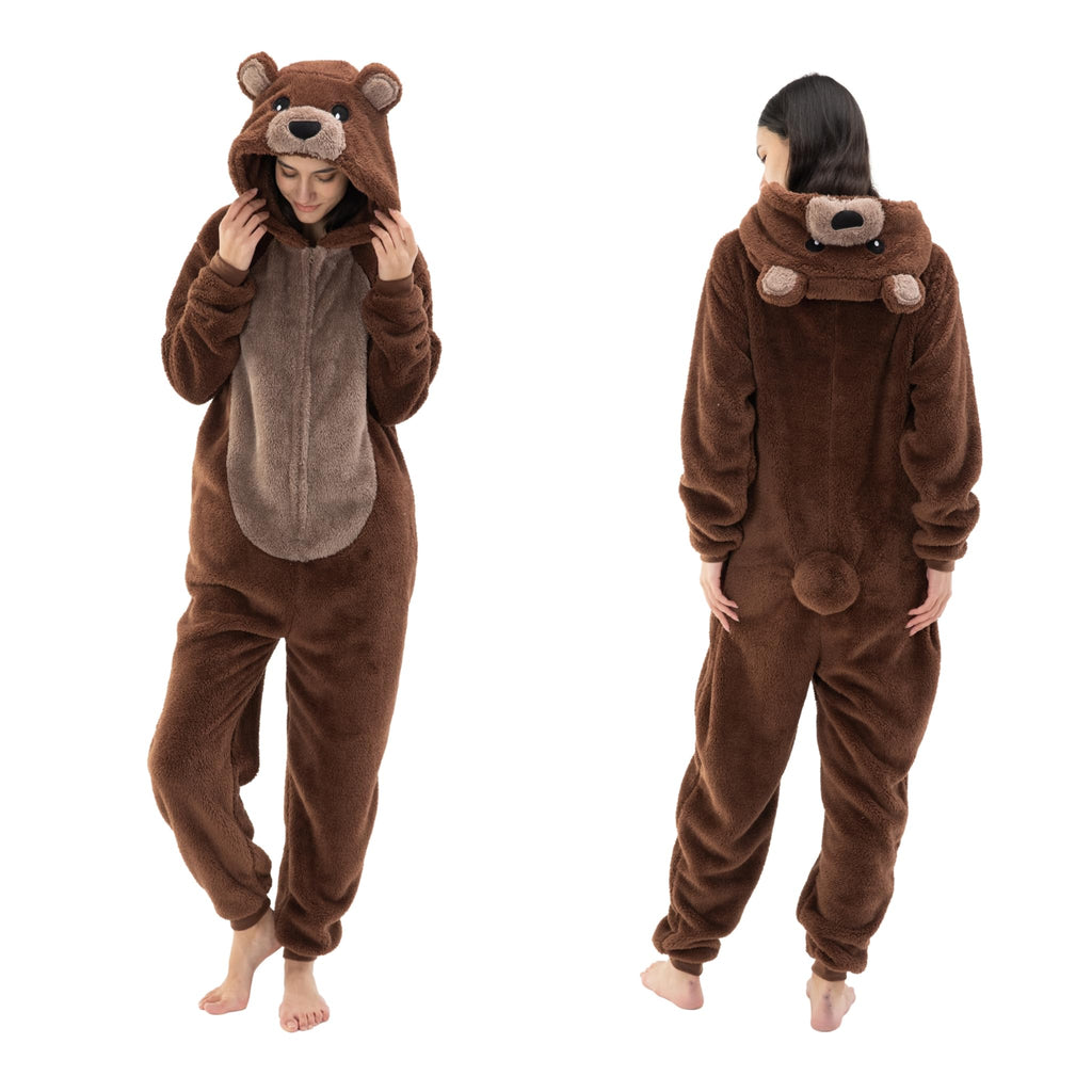 COSUSKET Snug Fit Unisex Adult Onesie Pajamas, Sherpa Bear Animal One Piece Halloween Costume Sleepwear Homewear