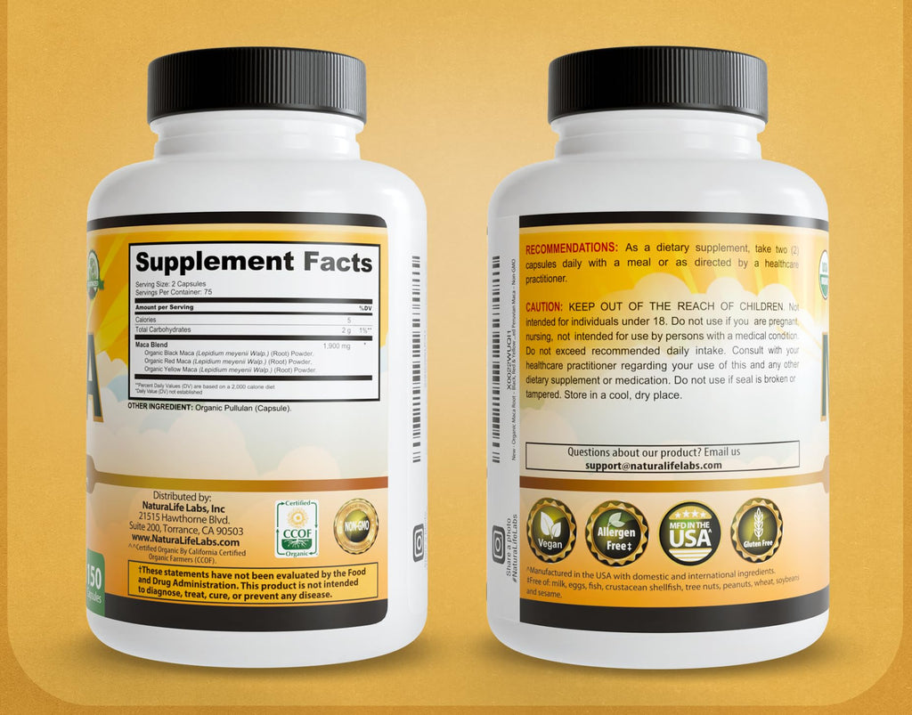 NaturaLife Labs Organic Maca Root – Black, Red & Yellow – 1900 mg per Serving – 150 Capsules – Gelatinized Peruvian Maca – Non-GMO, Gluten-Free, Vegan