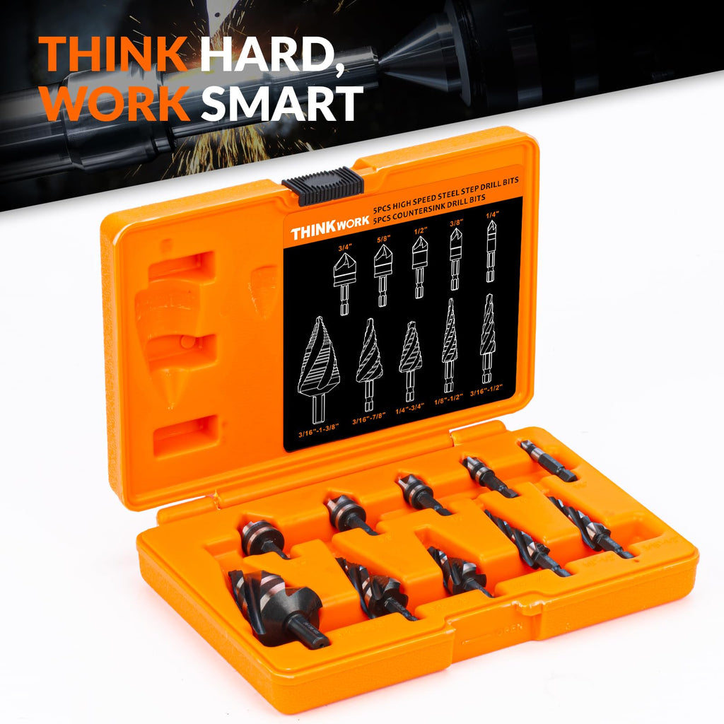 THINKWORK 5 Pcs Four Spiral Flute Step Drill Bit Set & 5 Pcs Countersink Drill Bits with Tool Box, Nitriding HSS Drill Bits for Metal, Aluminum, Wood, Plastic