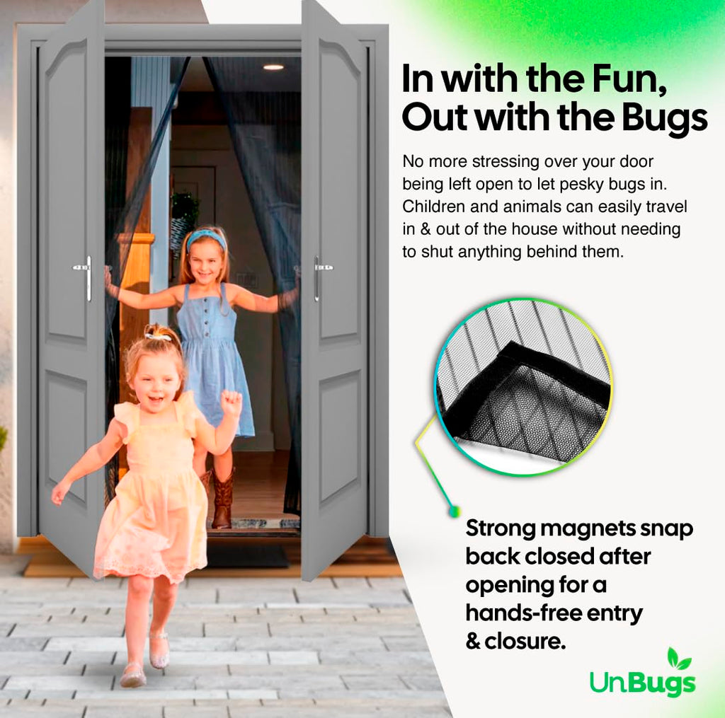 UnBugs Magnetic Screen Door - Fits French Door & Double Doors up to 50 x 82 Inches MAX - Pet & Kid Friendly, Self-Closing - Hands Free Magnet Closure Keeps Bugs Out & Breeze in