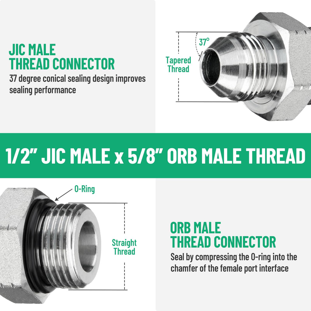 Racewill 10 Pack Hydraulic Hose Adapter Fittings: 1/2" JIC 37° Male x #10 SAE/ORB Male, Straight Tube Fitting Kits with Protection Cover