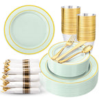 WDF Partyware 350PCS Green Plates Disposable - Sage Green Plastic Plates 50Guests Plastic Dinnerware with Rolled Napkins for Party/Birthday/Spring
