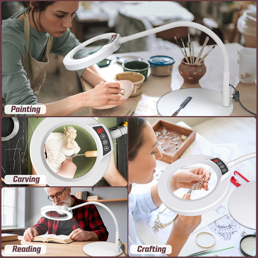 Krstlv 10X Magnifying Glass with Light and Stand, 16.5in Flexible Goose-Neck, 5 Color Modes Stepless Dimmable LED Lighted Desk Lamp, Hands Free Magnifier for Crafting Hobby Painting Close Work - White