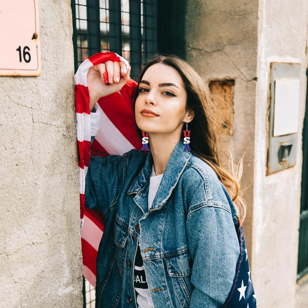 4th of July American Flag Dangle Earrings for Women Patriotic Jewelry
