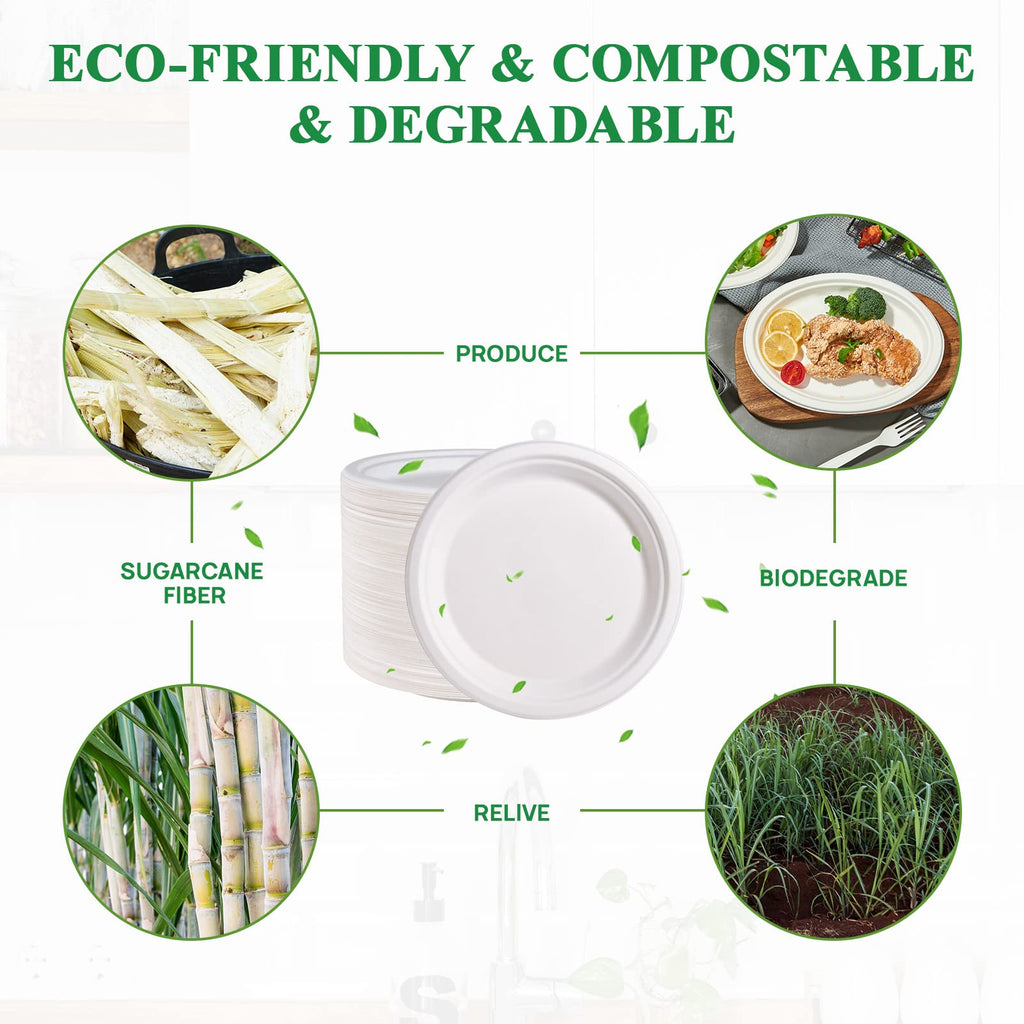 Vplus 150 Pack Paper Plates 9 inch 100% Compostable, Heavy-Duty Disposable Paper Plates Bagasse Natural Biodegradable Eco-Friendly Sugarcane（White）