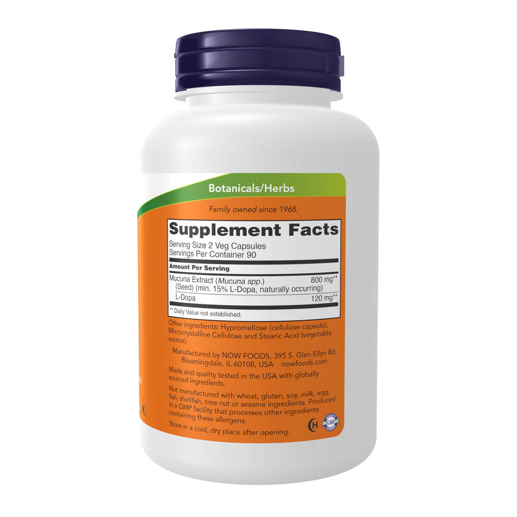NOW Foods Supplements, DOPA Mucuna, Standardized Mucuna Extract with Naturally Occurring 15% L-Dopa, 180 Veg Capsules