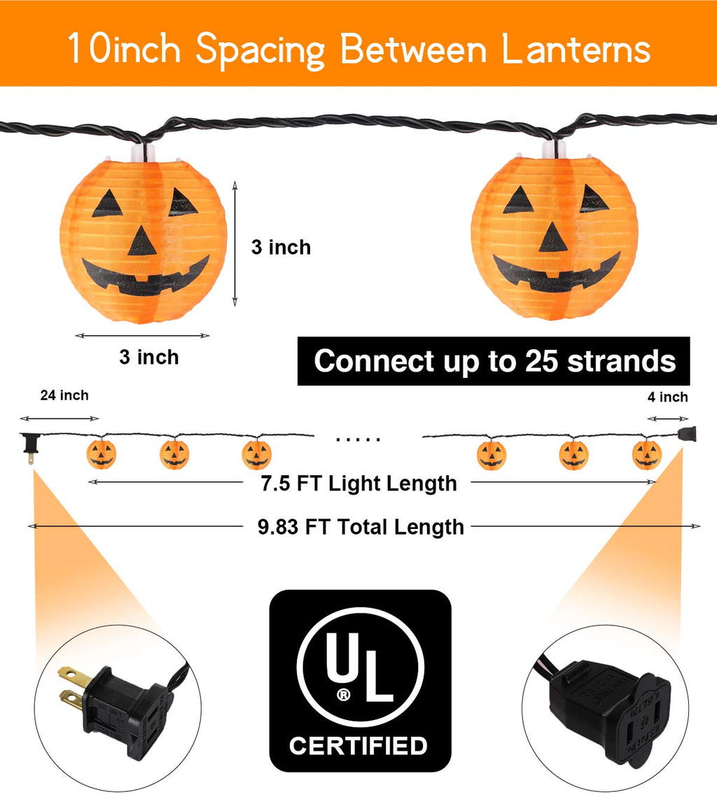 TIGOMOOV Halloween Pumpkin String Lights, Jack O Lantern Lights Plug in, 10 Orange Pumpkin Lanterns 9.83FT Connectable, Indoor Outdoor Fall Halloween Decorations for Porch Mantel Yard