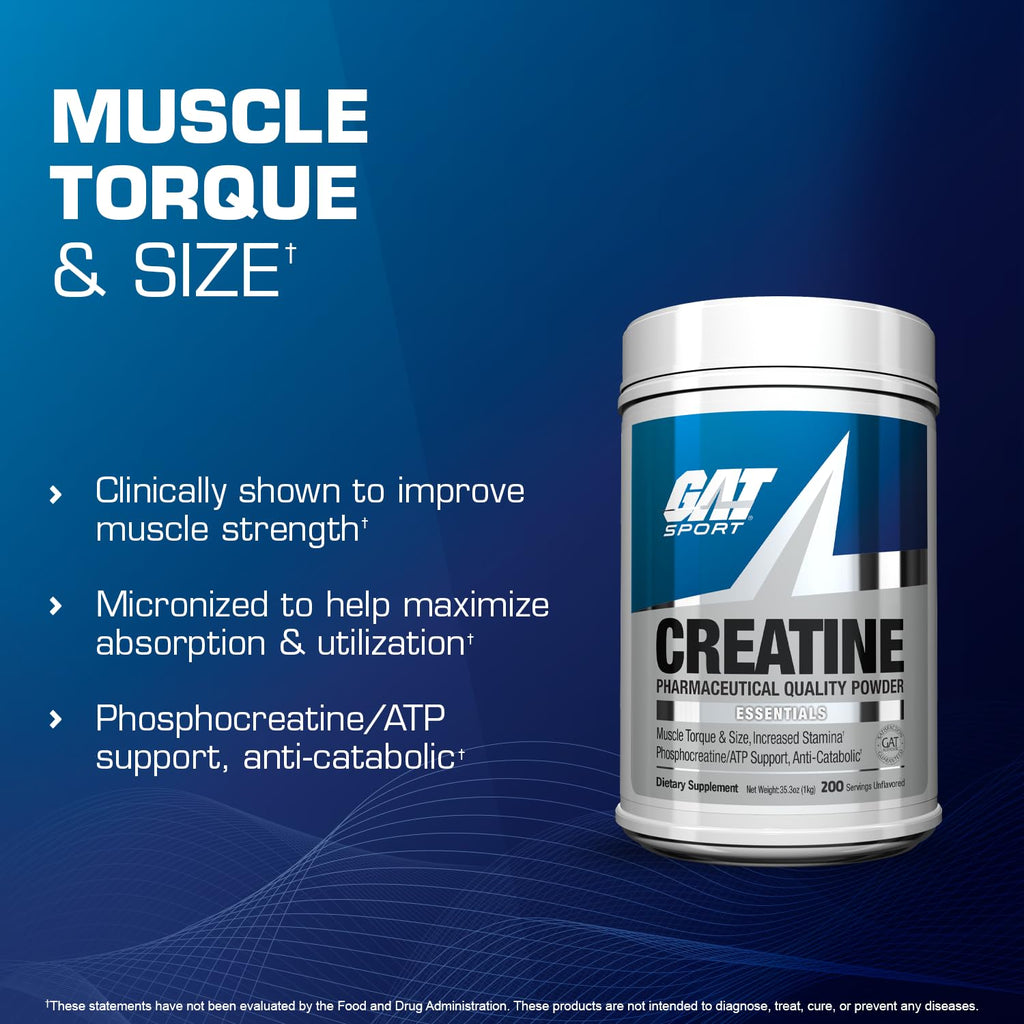 GAT SPORT Creatine Monohydrate Powder 1000 Grams, Strength, GLP1 Support, Brain Health, Anti-oxidant, Endurance, for Men & Women, 1 Kilo, Unflavored