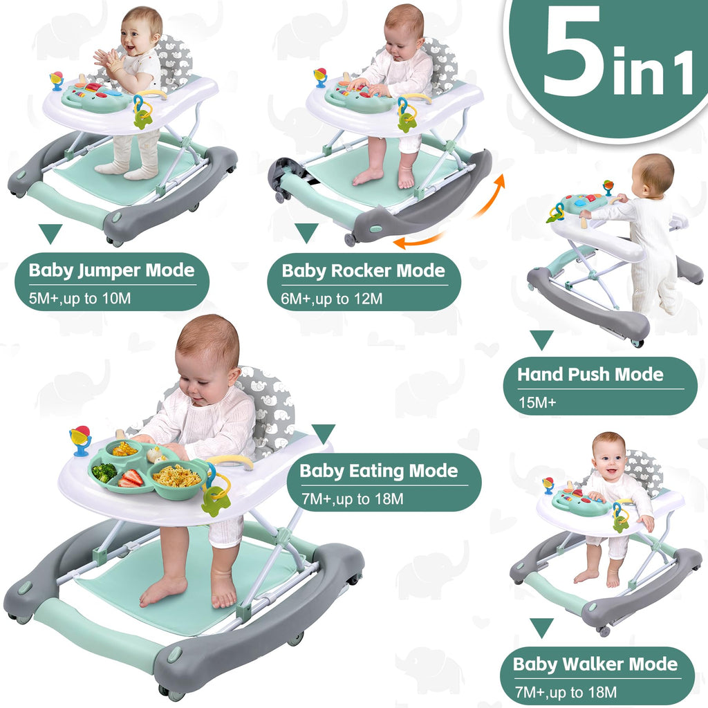 Foldable Baby 5-in-1 Activity Walker - Rocker, Activity Center, Bouncer, Seat Walker, Push Walker - Adjustable Speed Rear Wheels and Height Toys Ages 6-18 Months… (Mint Green)