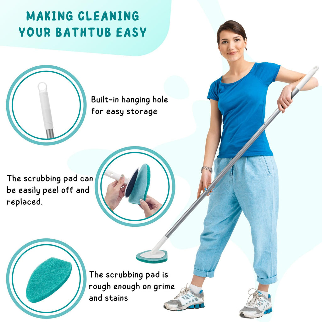 Shower Scrubber with Long Handle, 47'' Bathtub Scrub Brush, Bathroom Tub and Tile Cleaning Tool with 6 Refill Pads