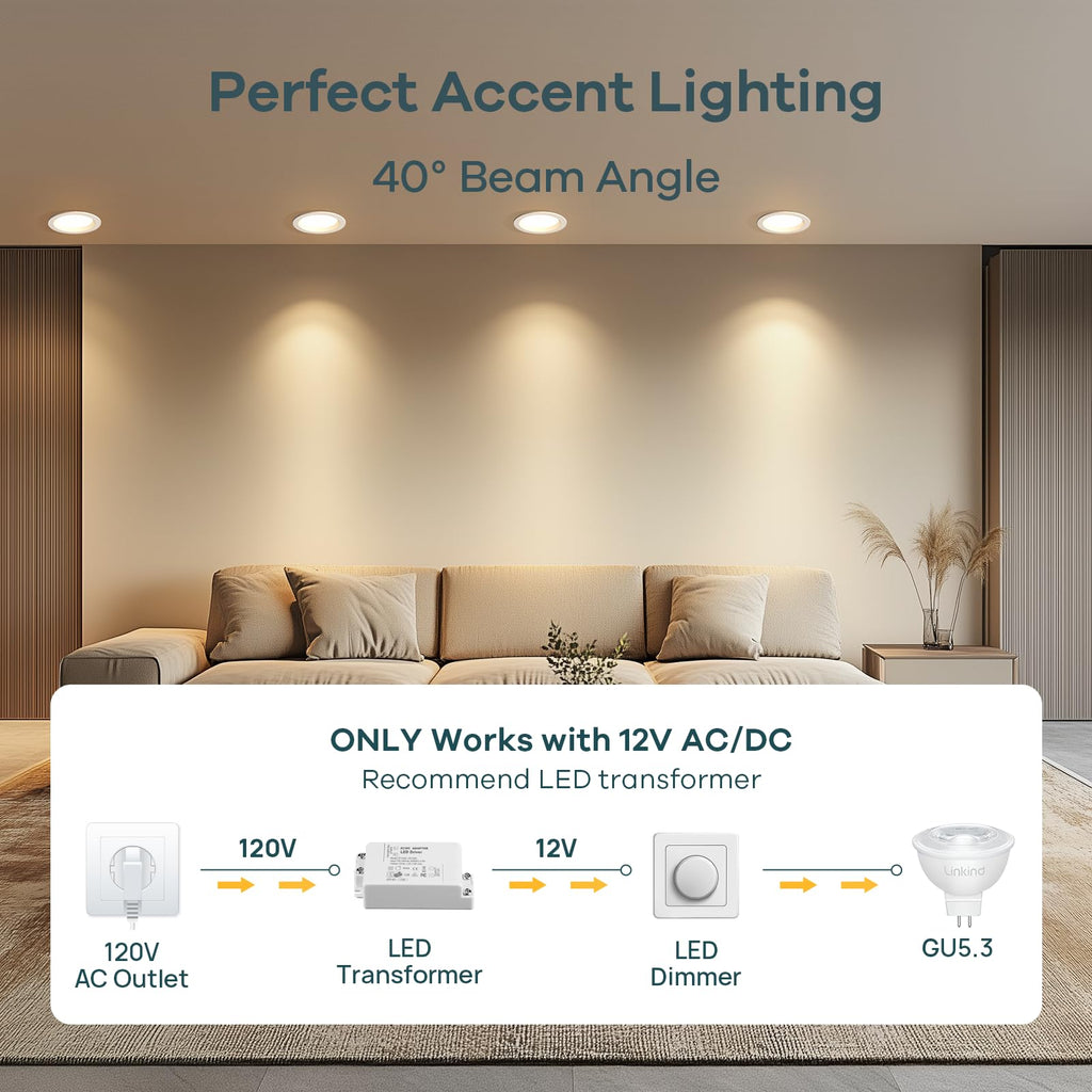 Linkind MR16 LED Bulb Dimmable, GU5.3 Bi-Pin Base LED Light Bulbs, 6.5W (70W Equivalent) 3000K Warm White 640lm MR16 LED Spot Lights, Recessed, Tracking Lights, 12V Low Voltage, 6 Packs