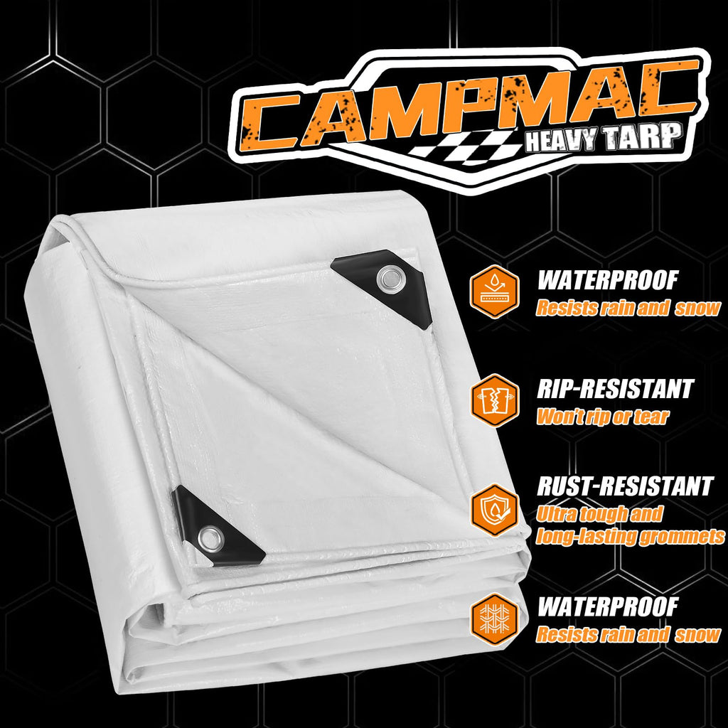 CAMPMAC White Heavy Dut Waterproof Tarp 6' x 20', 10 Mil Thick, High Durability, Rip and Tear Resistant with Metal Grommets Every 20 Inches