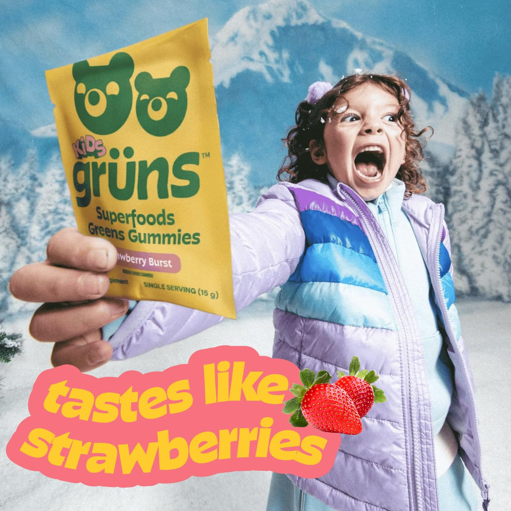 Gruns Multivitamin for Kids, Super Greens Gummies, Superfood Gummy Bears with 20+ Vitamins & Minerals, Spirulina, Chlorella, Alfalfa, Prebiotics Fiber for Digestive Health, Adaptogens Supplement, 28ct