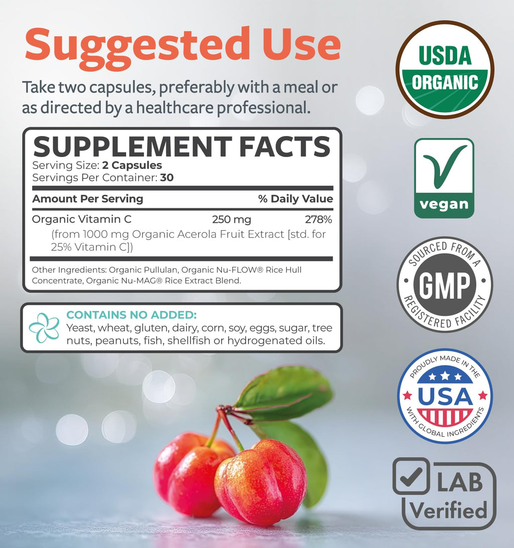 Certified Organic Vitamin C Supplement - Whole Food Acerola Vitamin C Immune Support Supplement for Seasonal Wellness with Naturally Occurring Bioflavonoids Polyphenols & Cofactors (1 Month Supply)