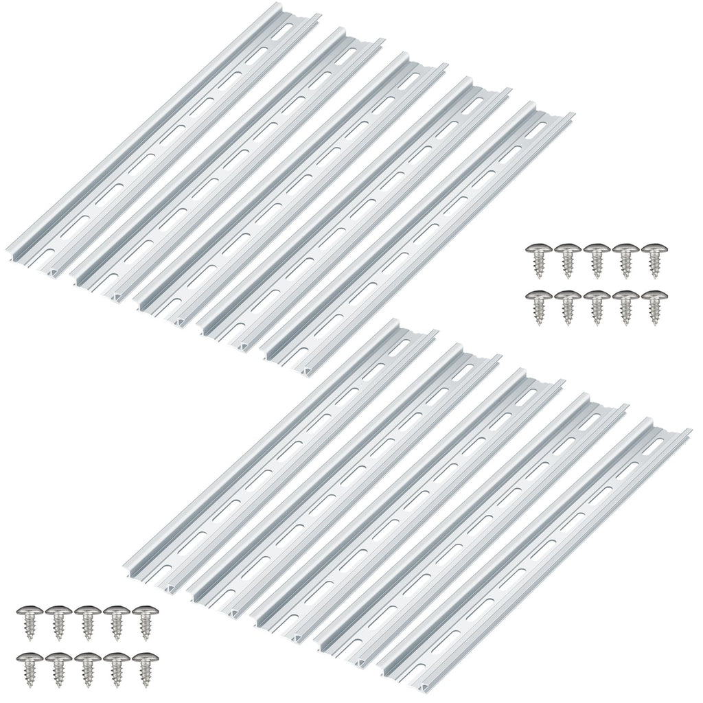 VAMRONE 10 Piece Aluminum DIN Rails, 12 Inches Long, 35mm Wide, 7.5mm High, Top Hat Slotted DIN Rail with RoHS, Extra Premium Screws Included for Hardware Components Mounting