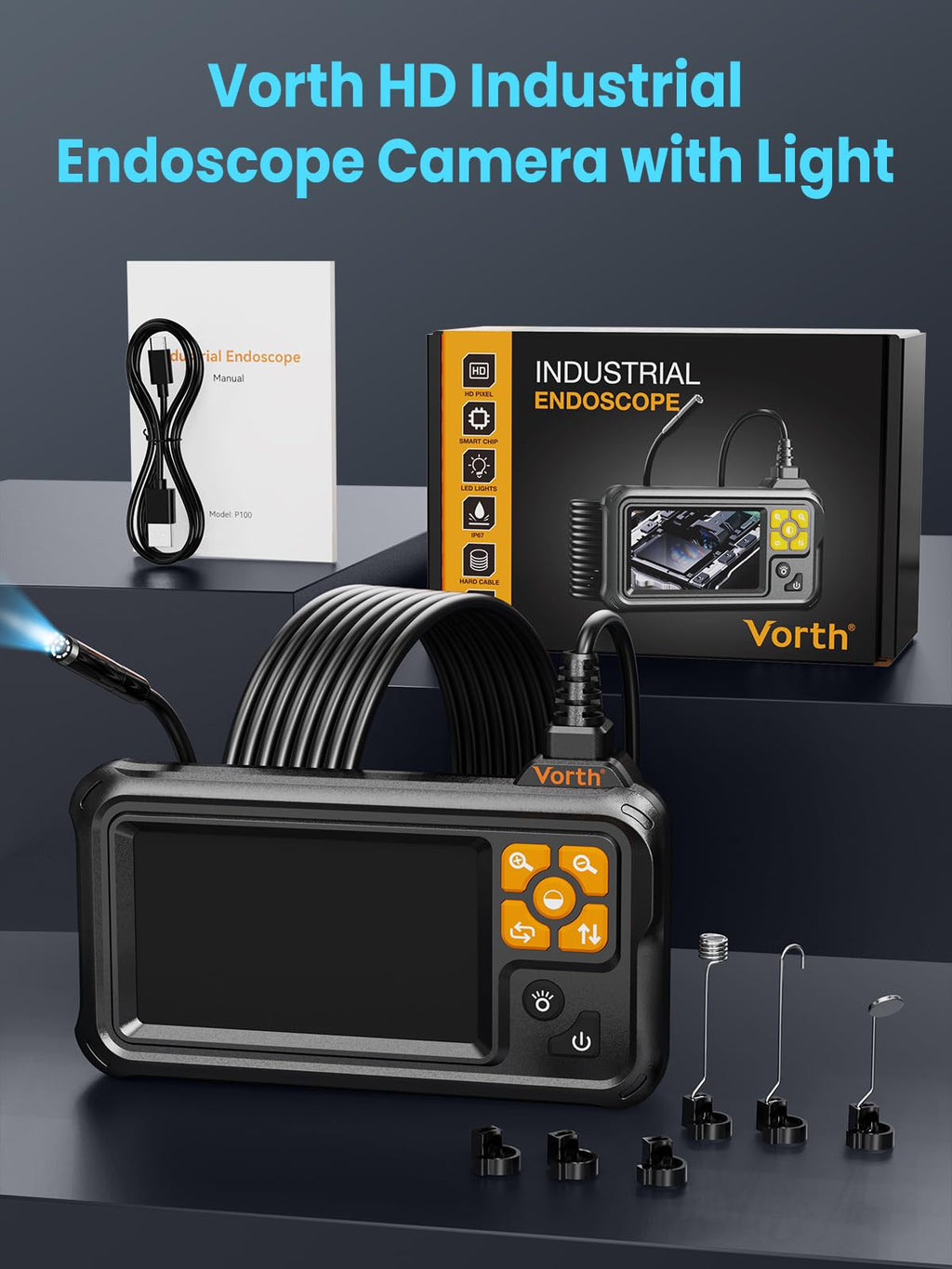 Vorth Endoscope Camera with Light, 4.3" IPS Screen 1080P Borescope with 8 LED Lights, Semi-Rigid Cable Snake Camera, IP67 Waterproof Sewer Inspection Men Tool - 16.5FT-Single Lens