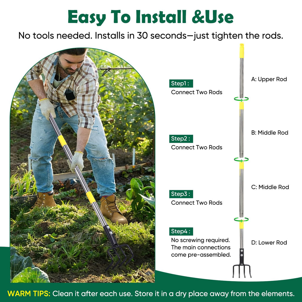 Garden Hand Tiller Cultivator, 4-Tine Adjustable Long Handle