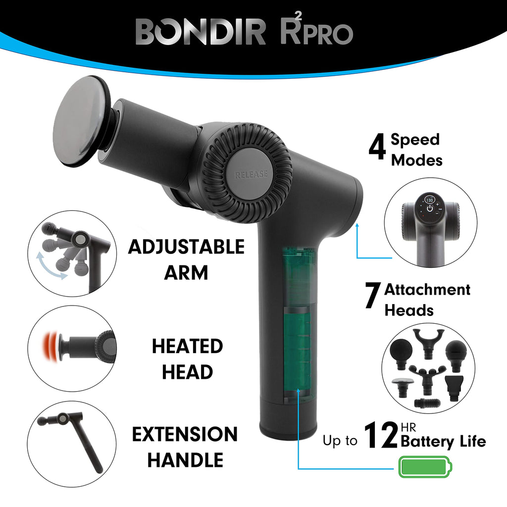 BONDIR R2 PRO Massage Gun - Articulating Deep Tissue Back Massager with Extension Handle and 7X Heads Including Heated Attachment