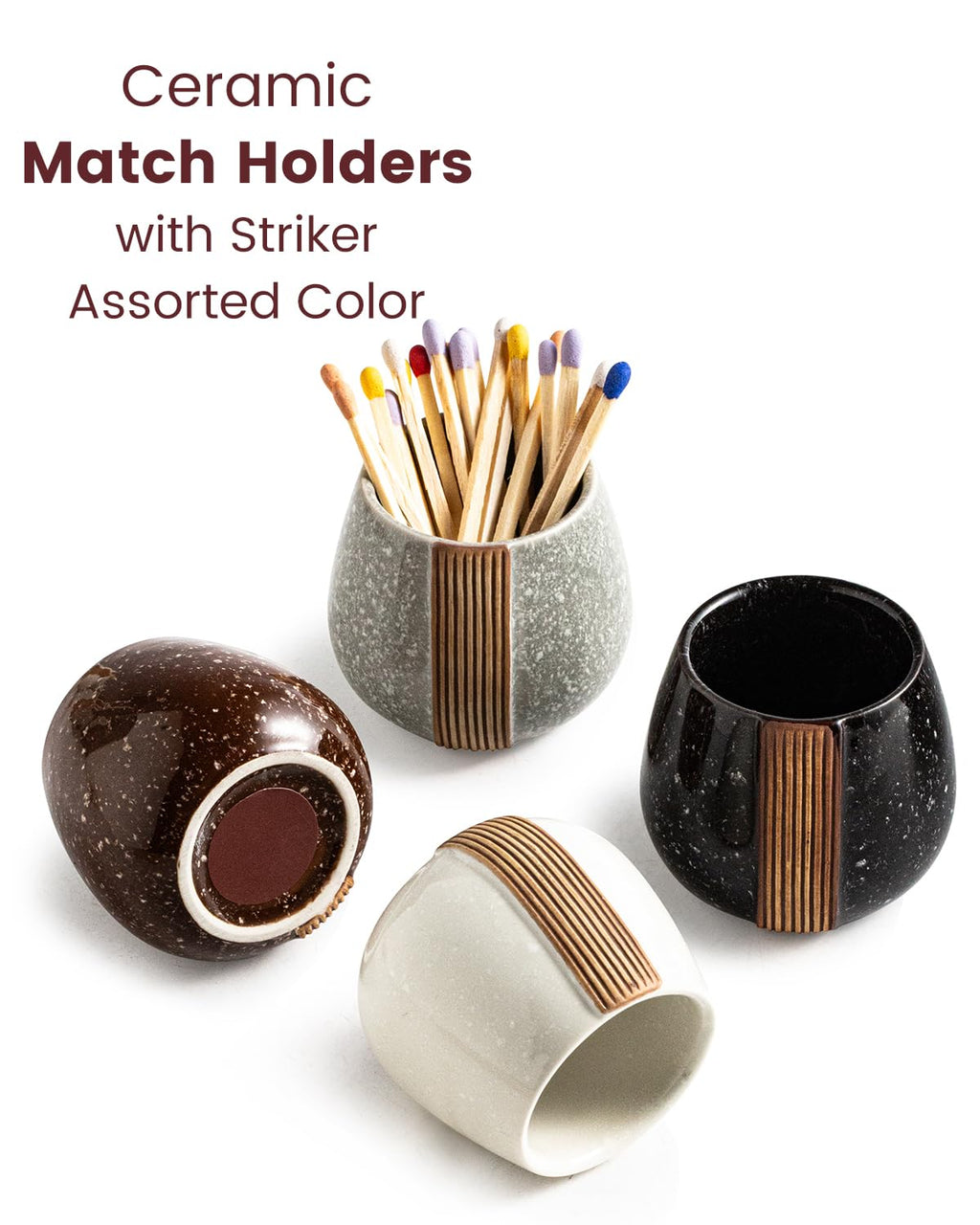 Zoeeker Ceramic Match Holders with Striker - Matchstick Container Set of 2 with Tray for Christmas Bathrooms, Cafes & Modern Homes - Matches NOT Included, Black and White